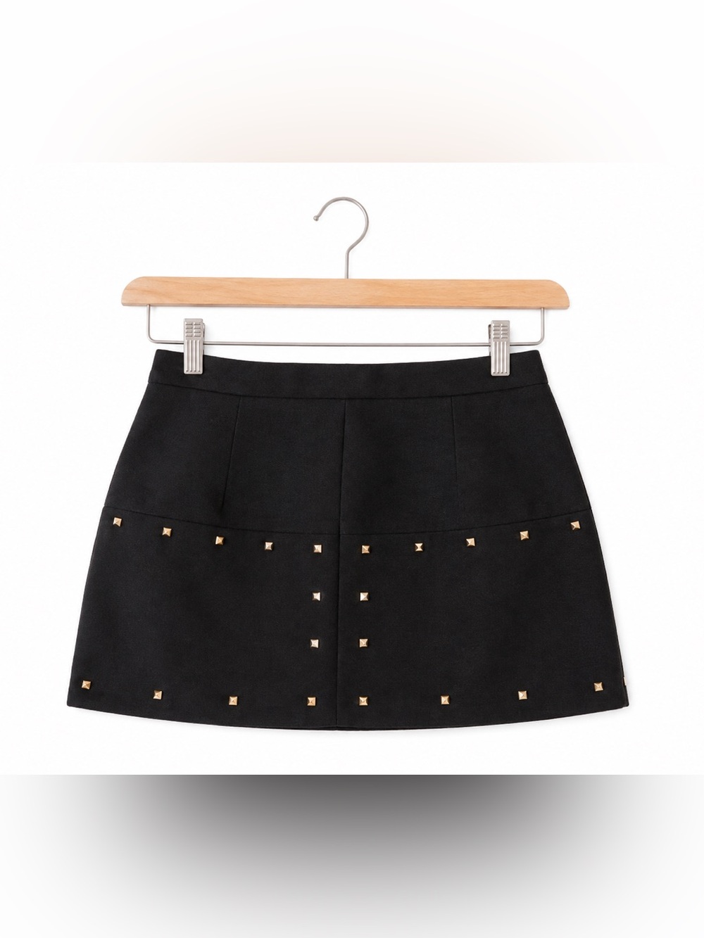 ZARA Studded Mini Skirt Black A-Line Gold Pyramid Studs XS